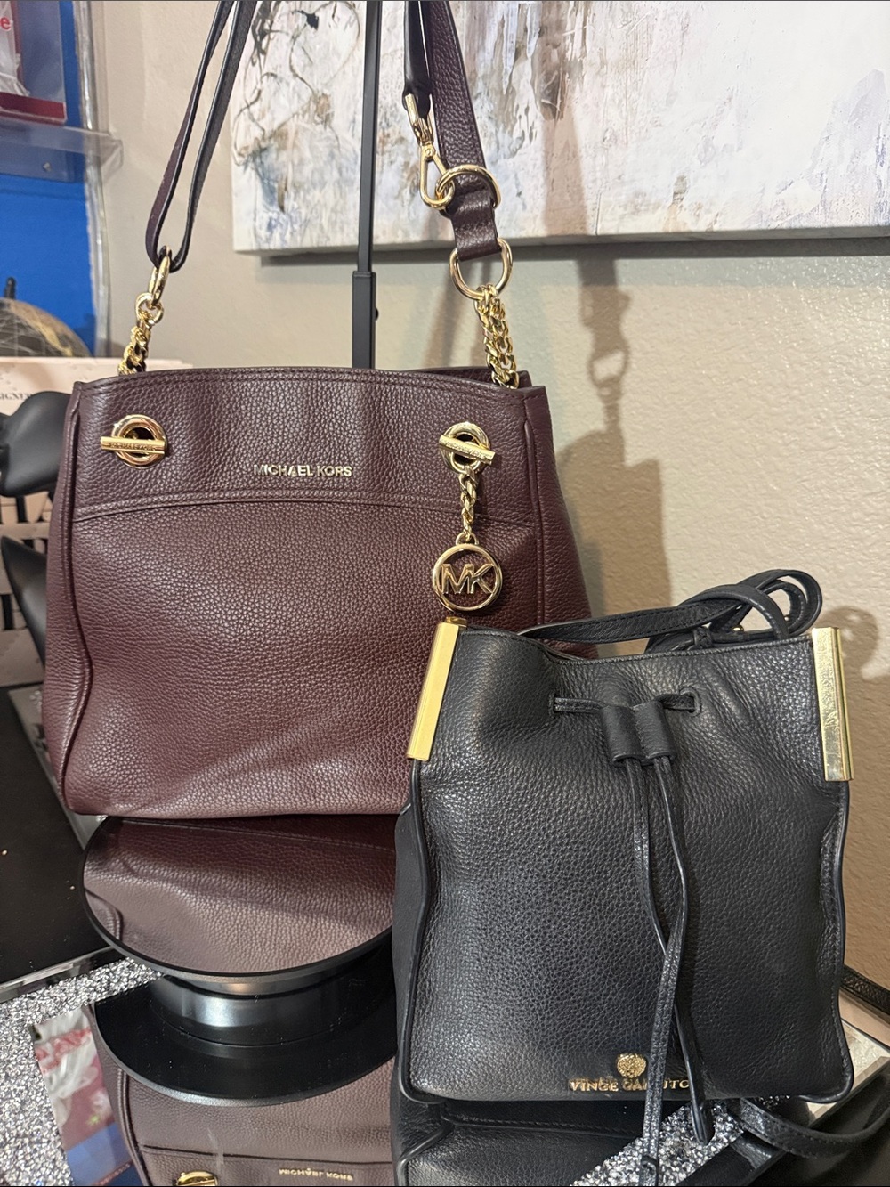 Michael Kors Burgundy Tote and Black Drawstring Crossbody Set with Gold Hardware